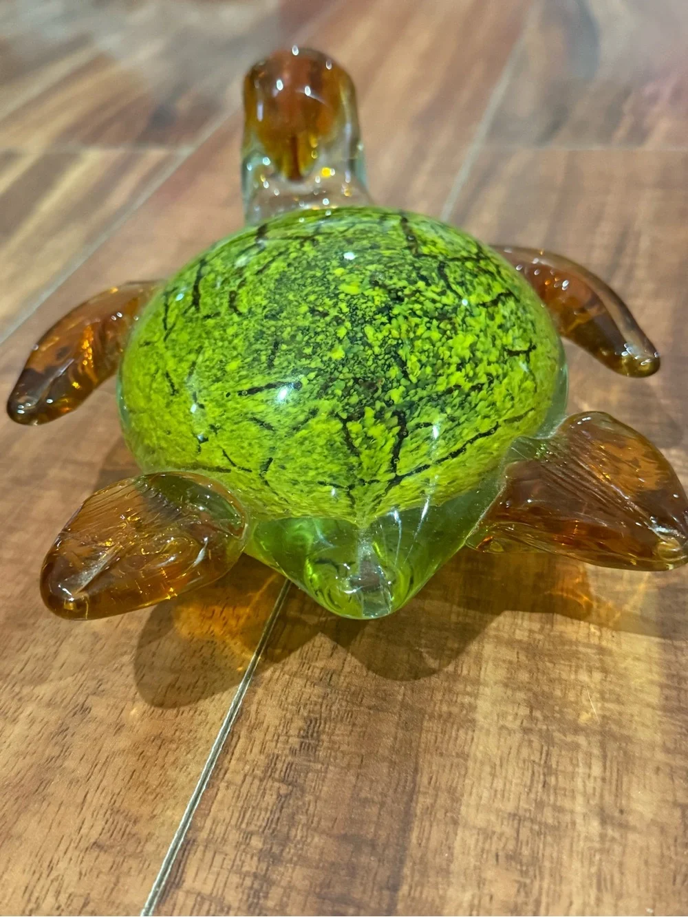 Glass Turtle Figurine - Green and Amber Decorative Accent